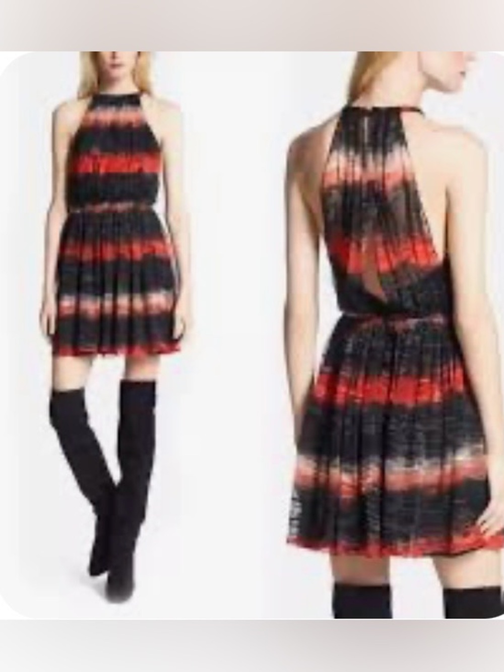 Alice + Olivia—Halter Mini Dress—6, Black, Red Ombre, Sheer Open Back, Overlay